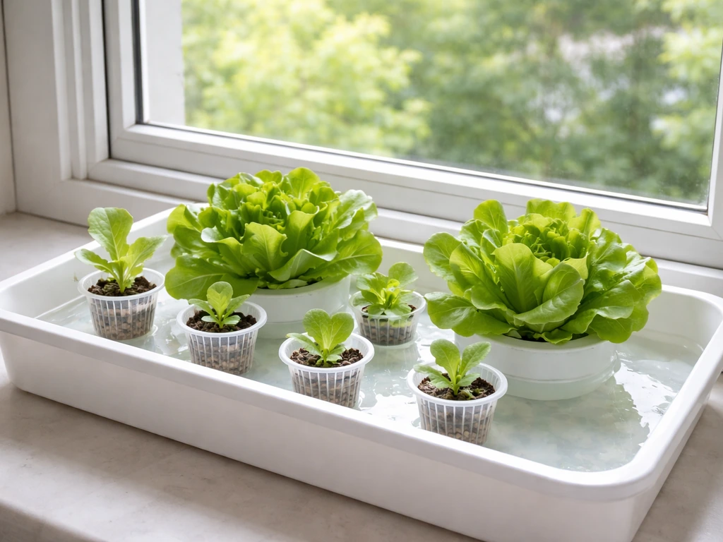 Lettuce seedlings in a simple hydroponic tray on a bright window sill with strong natural light.