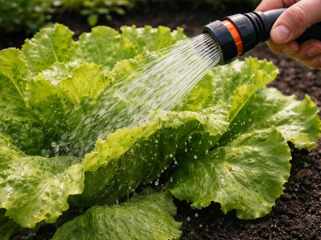Hand spraying water to knock aphids off lettuce leaves in a simple garden bed.