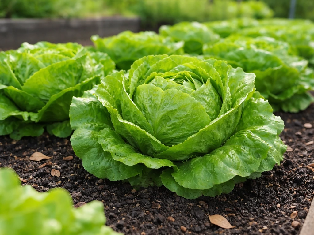 Mature head lettuce forming firm heads in a vibrant home garden bed in cool-season light.