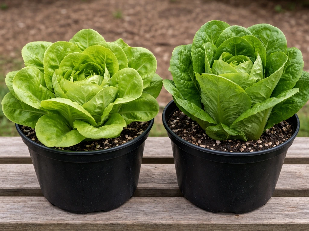 Two small head lettuce plants side by side, showing different shapes and colors for variety comparison.