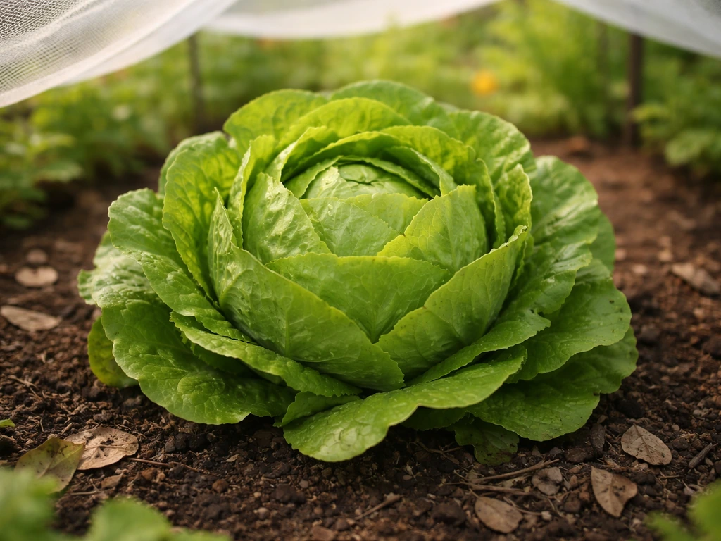 A round head lettuce thriving under shade cloth in a warm garden bed, close-up with minimal background.