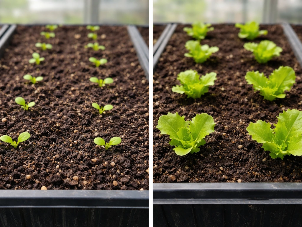 Split photo showing direct-sown lettuce seedlings in soil and transplanted lettuce heads in grow trays
