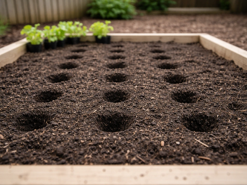 Raised in-ground vegetable bed with worked-in compost and neat planting holes ready for transplants.