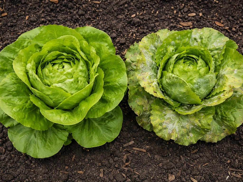 Two side-by-side head lettuce plants: one healthy, one with visible mildew-like leaf discoloration.