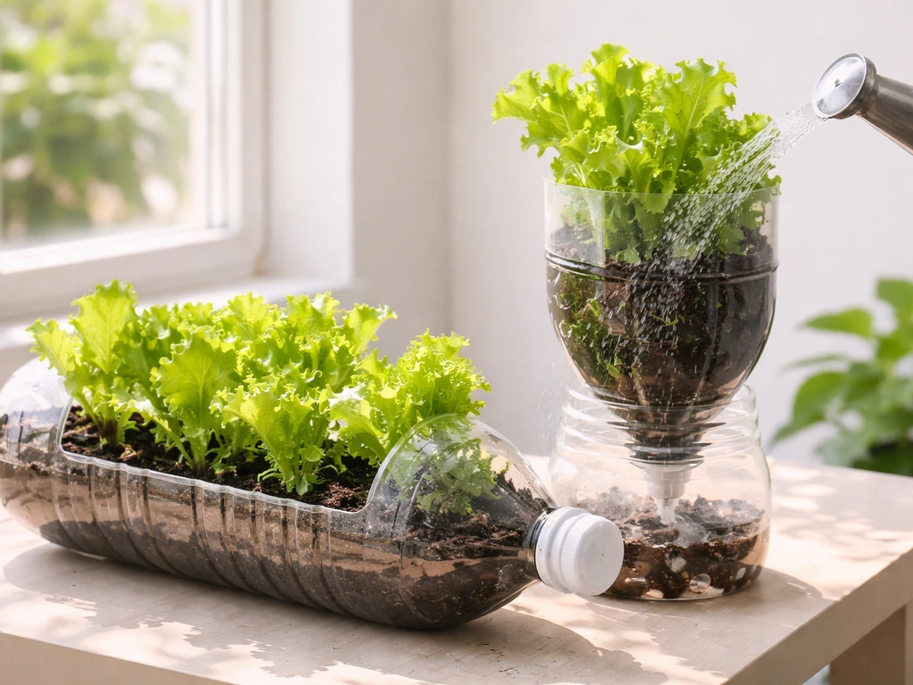 Thrive green lettuce in recycled plastic bottle planters on a sunny table by a window.