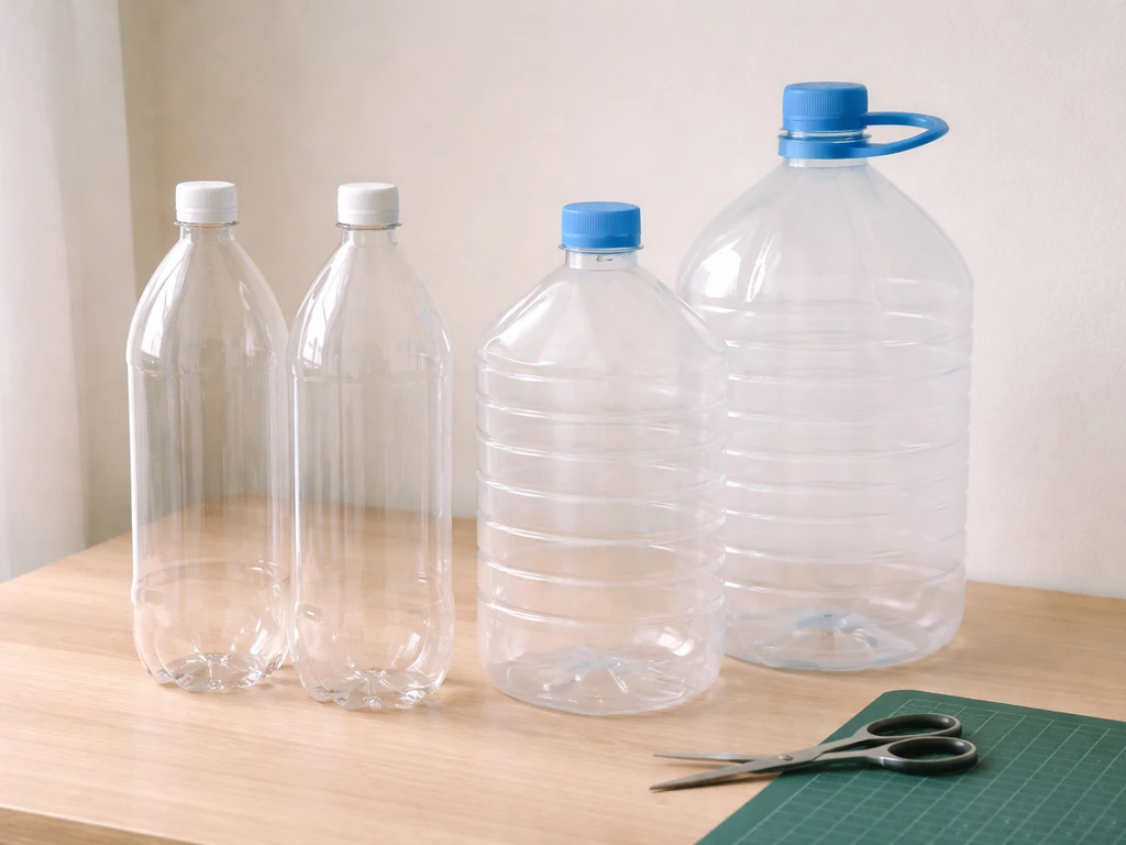Neatly arranged label-free 2-liter soda bottles and larger recycled jugs on a light countertop.