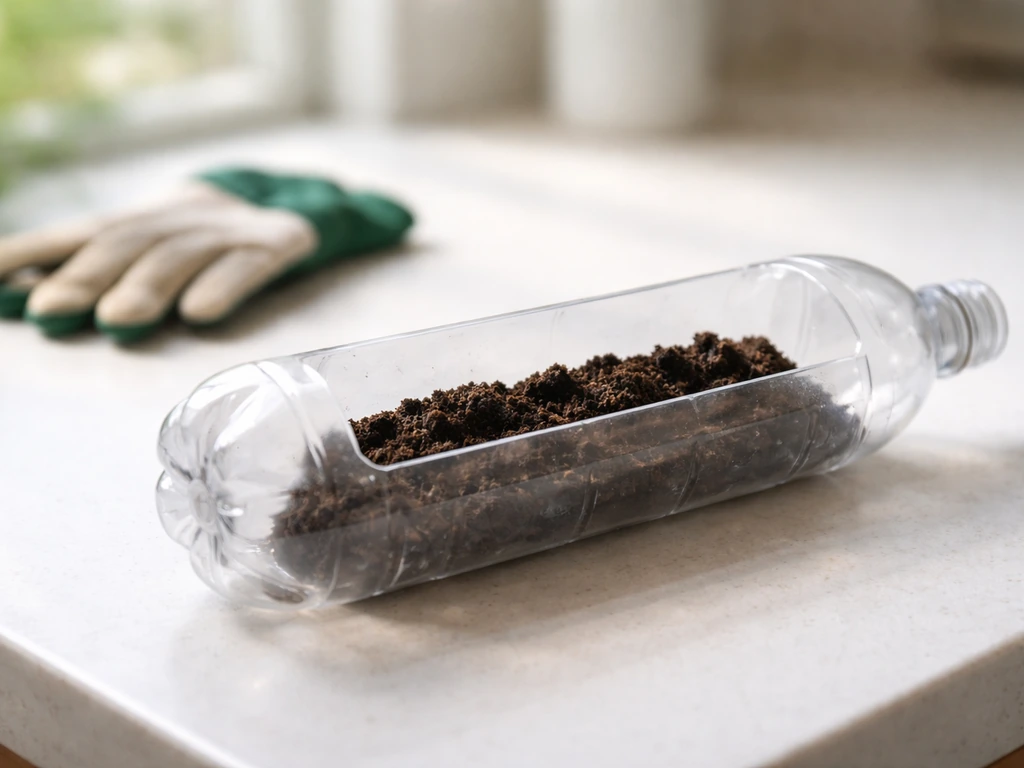 Horizontal plastic bottle planter on its side with a cut opening ready for soil.