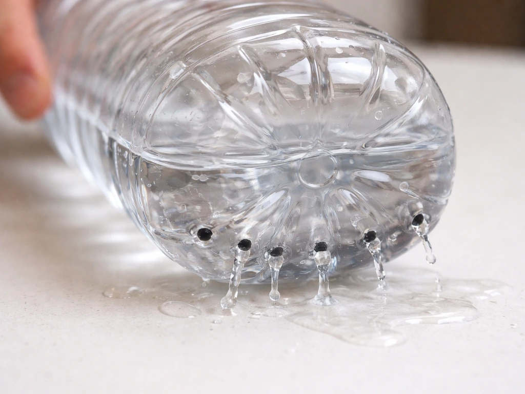 Close-up of drainage holes drilled near a bottle’s bottom with water splashing out to show proper drainage.