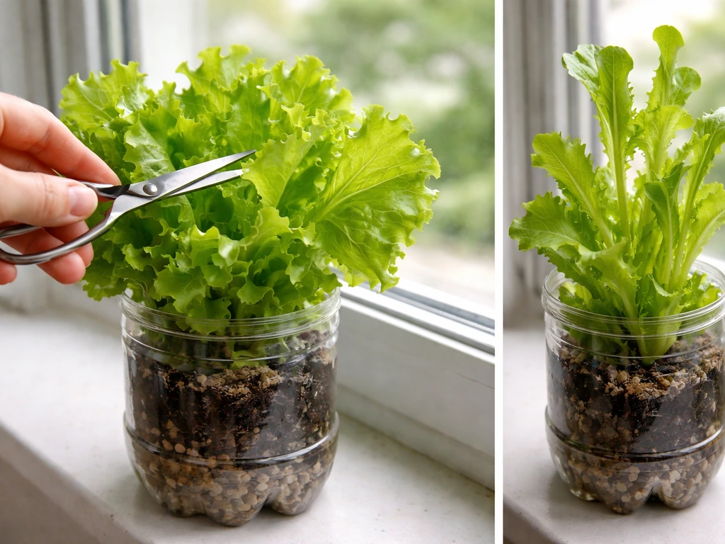 Clean scissors clipping thriving looseleaf lettuce from a bottle planter; inset shows leggy bolting leaves.