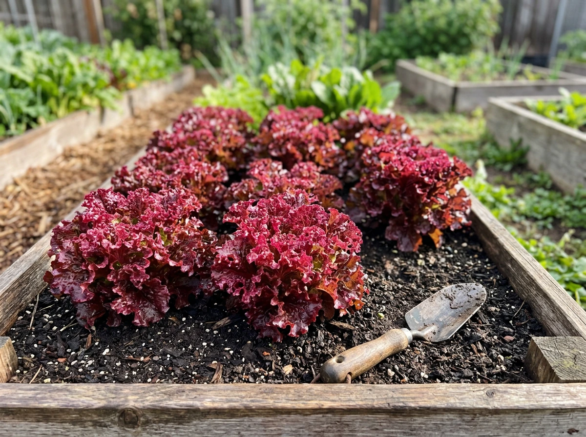 Homegrown red leaf lettuce growing in a raised bed with hands-ready harvest feel