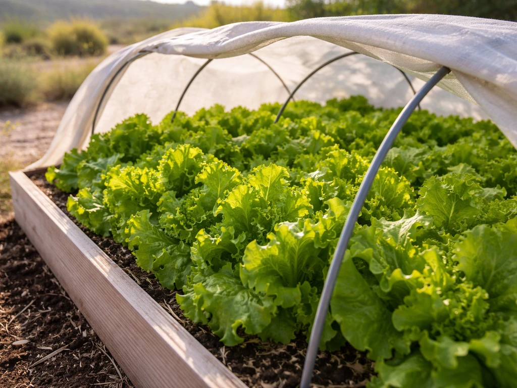 Fresh lettuce thriving in a raised bed with a small row cover in an outdoor Utah garden.