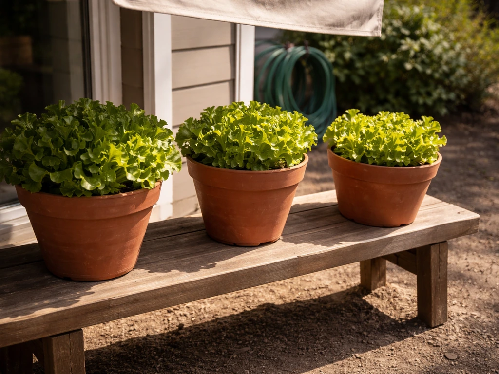 Pots of lettuce on a patio bench, one shaded under a cover and one in direct sun for heat control.