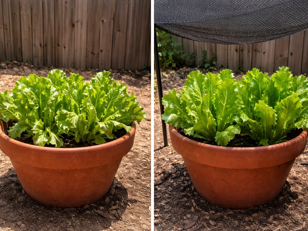 Lettuce in pots—some heat-stressed in sun, healthier under 30–40% shade cloth.