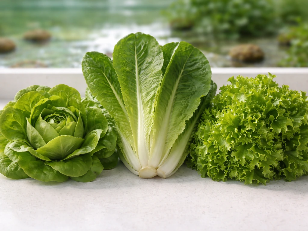 Side-by-side fresh lettuce varieties—butterhead, romaine, and loose-leaf—on a simple countertop.