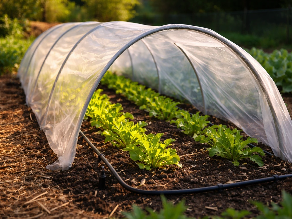 Hoop greenhouse over seedlings in garden, morning sun on one side and afternoon shade on the other.
