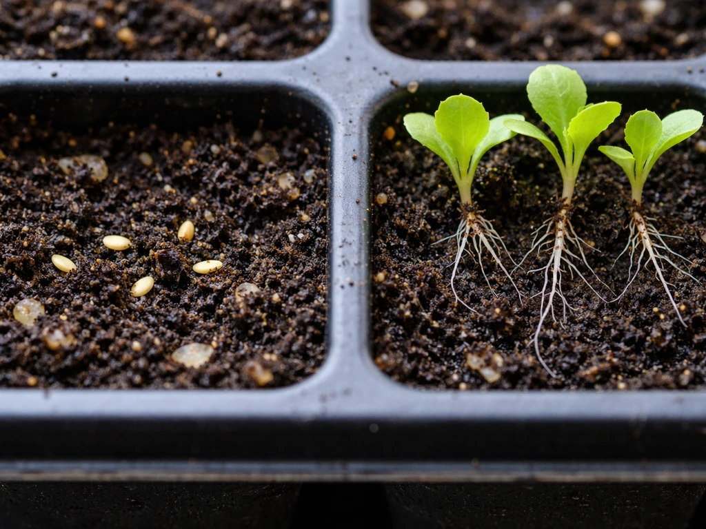Close-up comparison: small lettuce seedlings with roots vs tiny seeds in a seedling tray, ready for aquaponics beds.