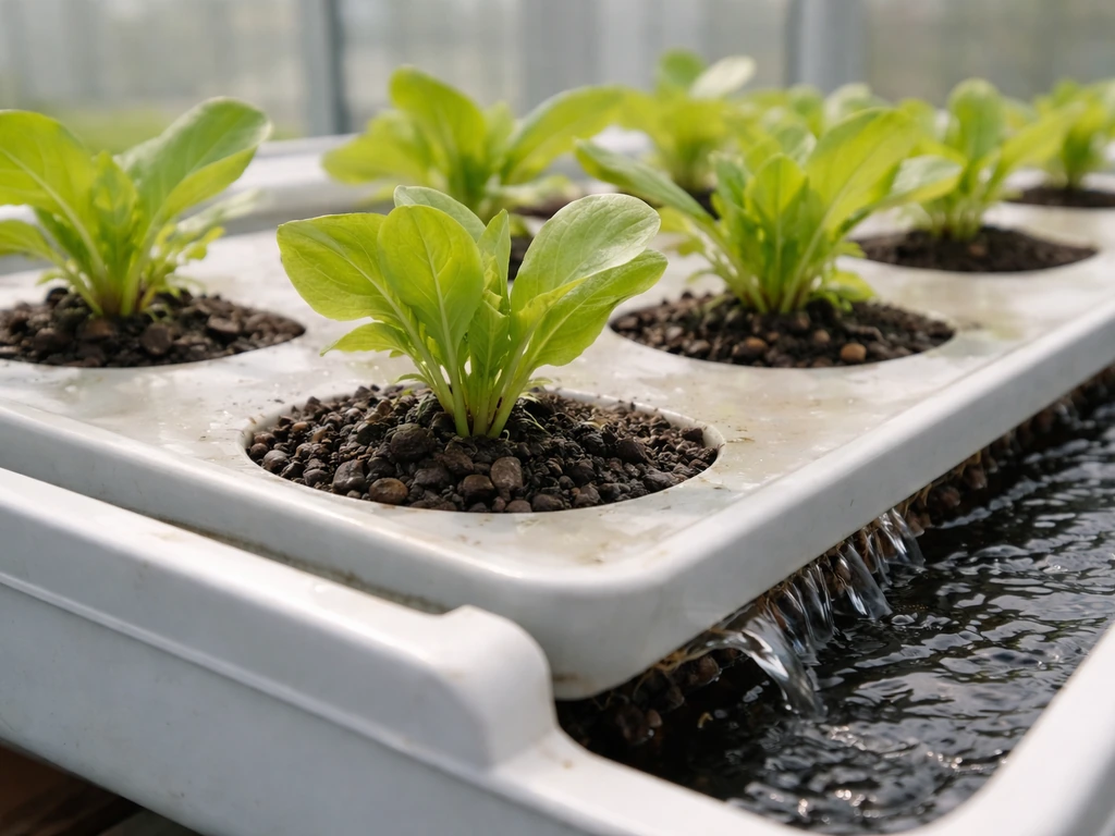 Aquaponics grow bed with loosely spaced leafy greens and visible water flowing near the root zone.