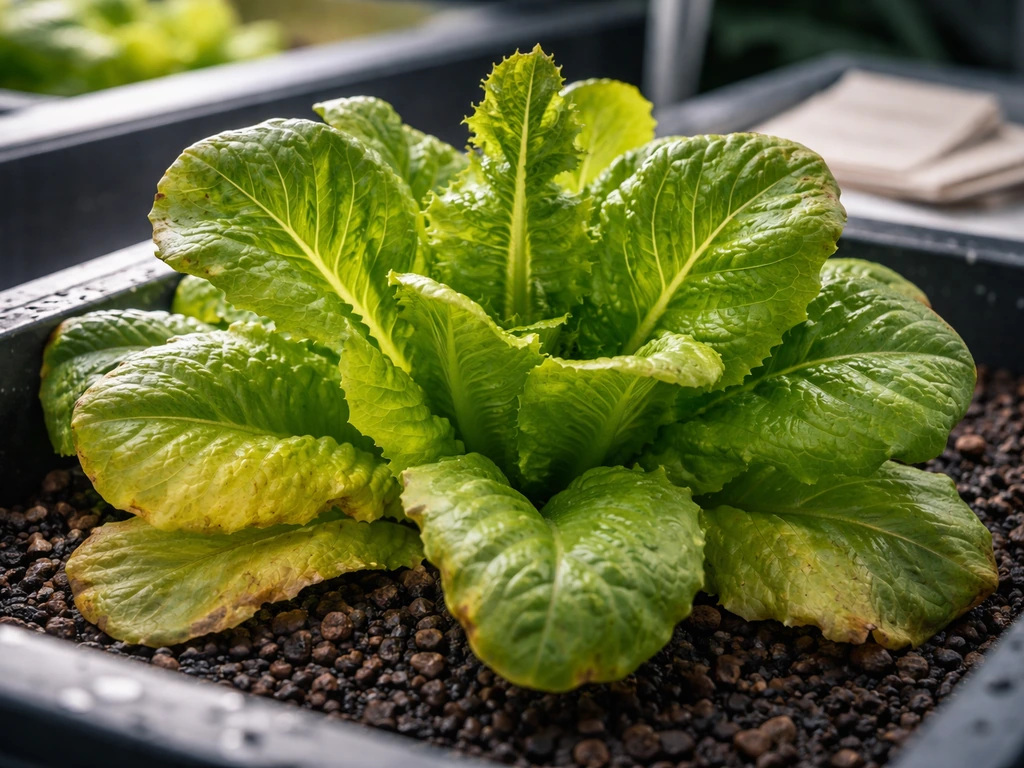 Close-up of aquaponic lettuce leaves showing yellowing, scorched edges, and early bolting in a simple grow bed