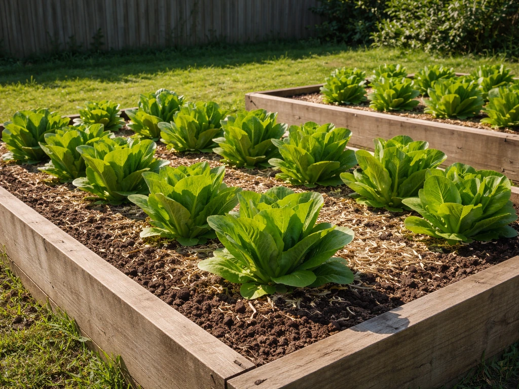 Cos lettuce upright heads growing in raised beds in a sunny Australian home garden.