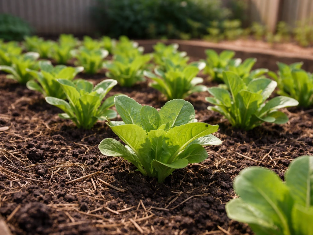 Close-up of cos lettuce plants in a small garden bed under natural light, suggesting seasonal sowing in Australia.