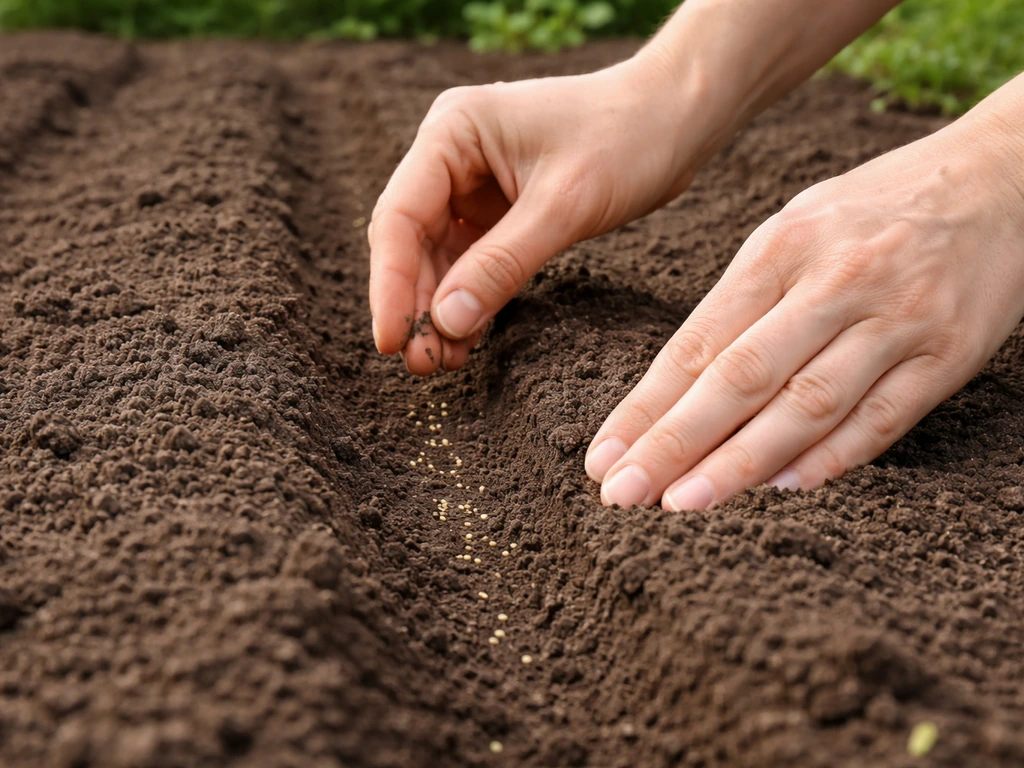 Close-up of a hand scattering cos lettuce seeds into a shallow furrow, lightly covered in prepared soil.