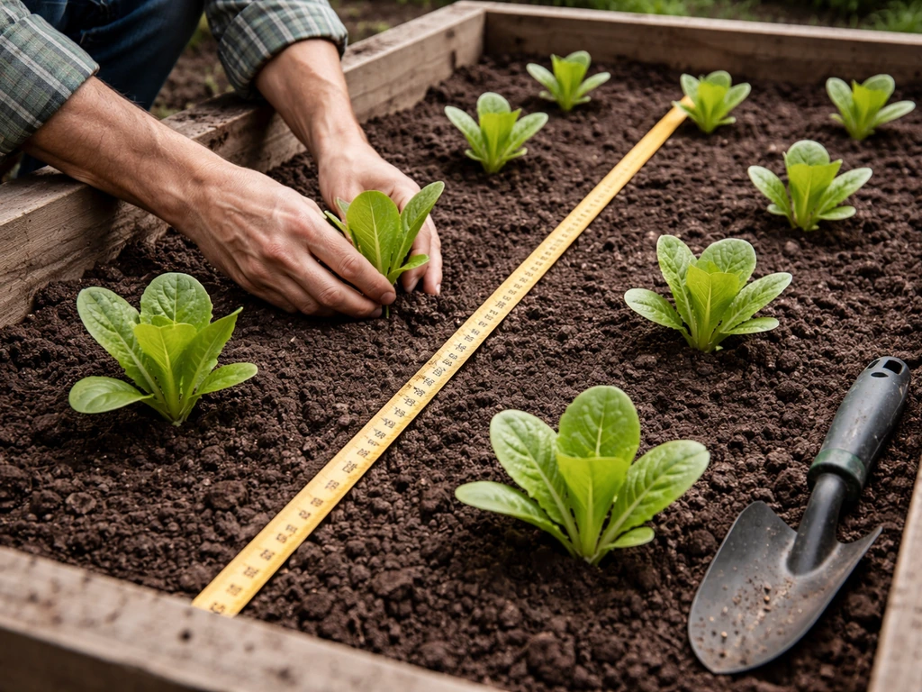 Cos lettuce seedlings spaced in rows in a garden bed with measuring tape for 25–30 cm gaps