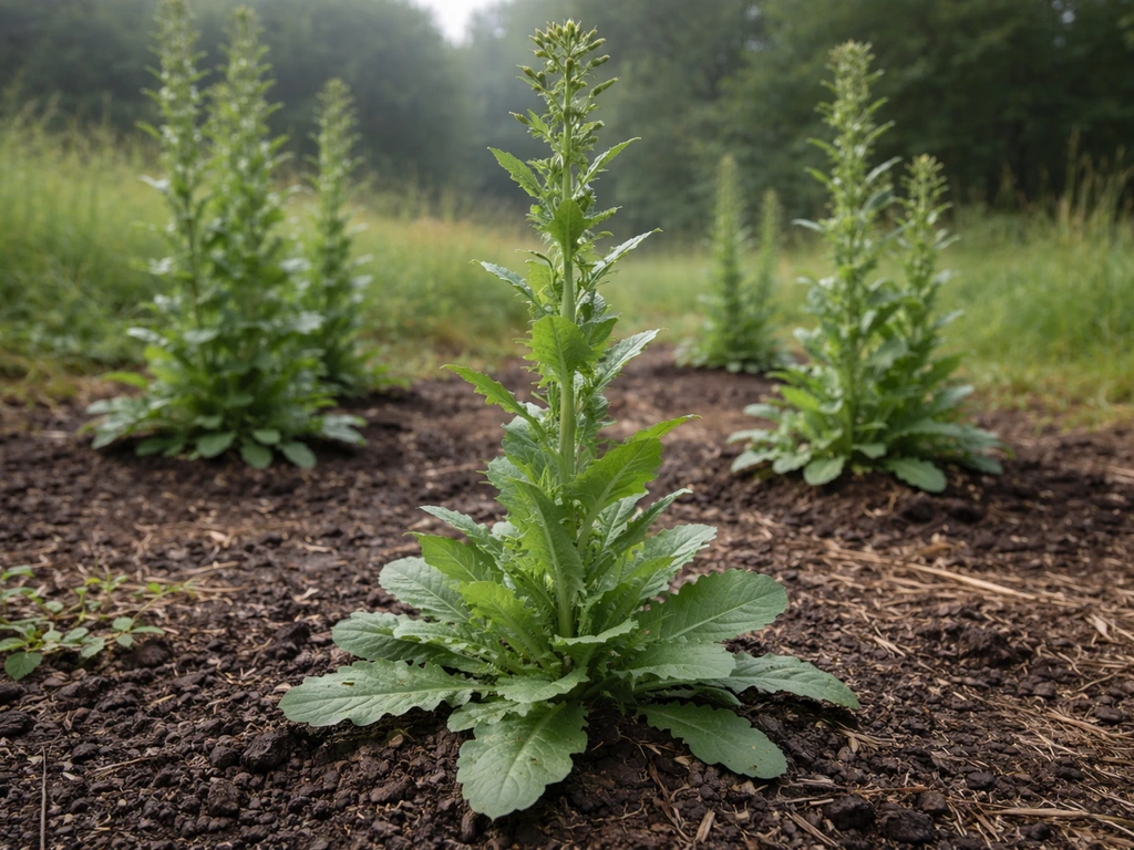 Wild lettuce (Lactuca virosa) plants outdoors showing rosette base growing into tall stems.