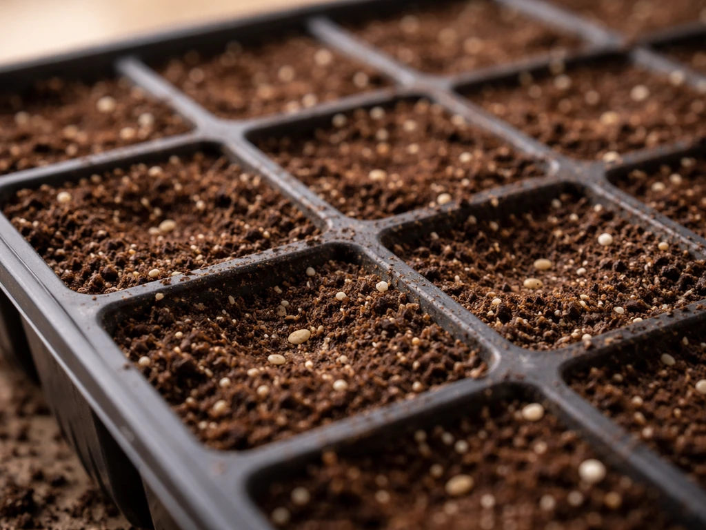 Close-up of a moist seed-starting mix with tiny lettuce seeds sown shallowly in a tray.