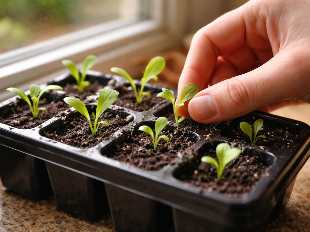Hand thinning young Lactuca virosa seedlings in a seed tray, leaving one strong seedling per cell.