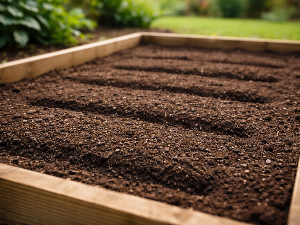 Loamy compost-amended planting bed with shallow evenly spaced furrows for proper Lactuca spacing.