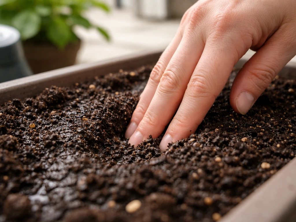 Hand checking soil moisture in a small pot bed with fingers inserted about an inch