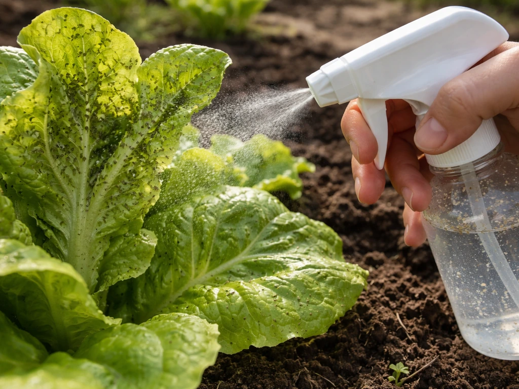 Close-up of lettuce leaves with visible aphids while a gardener sprays insecticidal soap underneath.