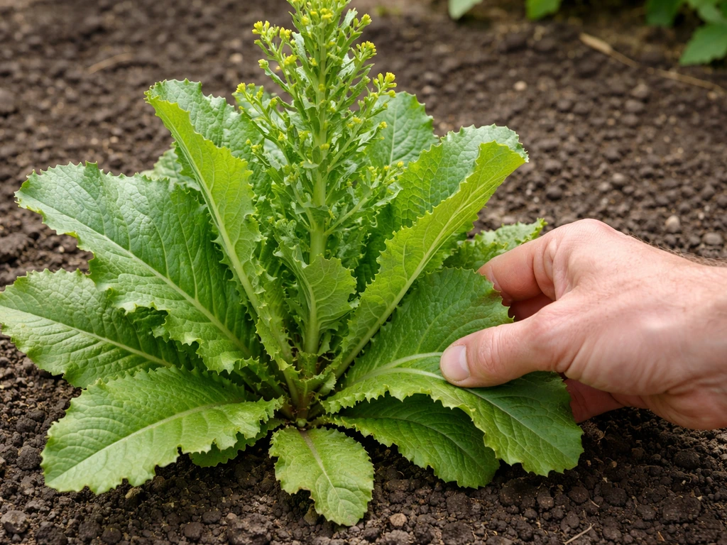 Hand harvesting outer leaves from a bolting Lactuca virosa rosette in a quiet garden bed.