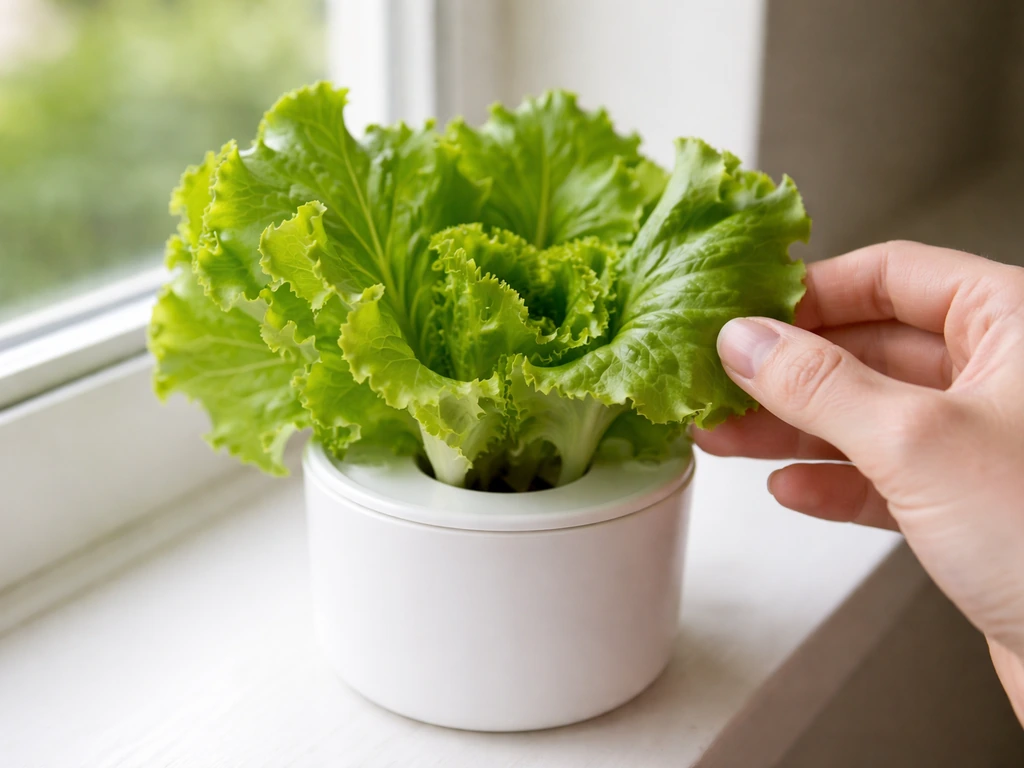 Close-up of a Click & Grow lettuce pod with harvest-ready outer leaves on a windowsill.