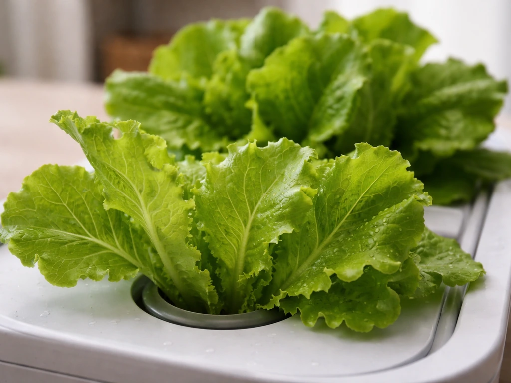 Fresh green lettuce leaves at two harvest stages in a simple indoor growing pod setup.