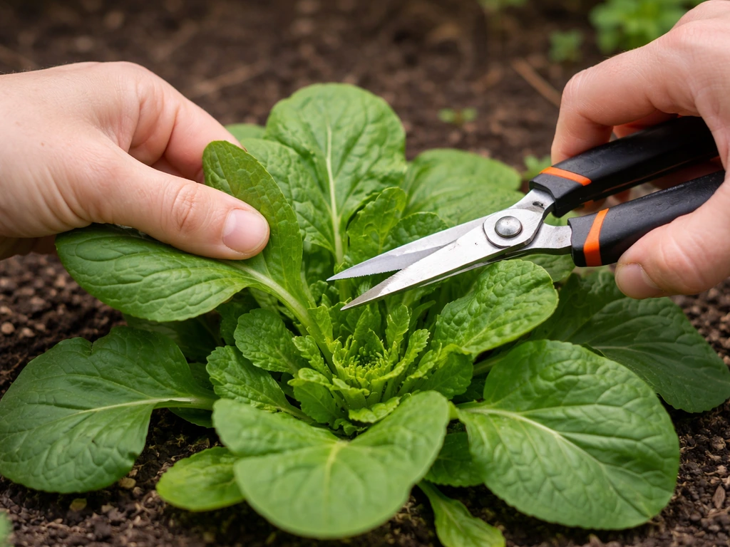 Hands using small garden scissors to harvest outer leaves carefully, keeping the crown intact.