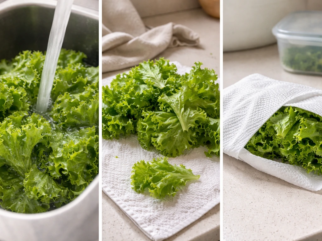 Washed curly lettuce leaves rinsed, gently dried, then wrapped loosely for storage