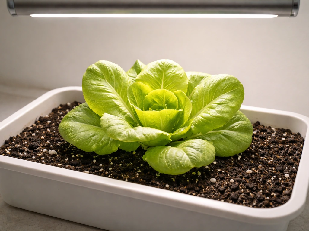 Indoor bibb lettuce rosette thriving in a shallow container under a grow light