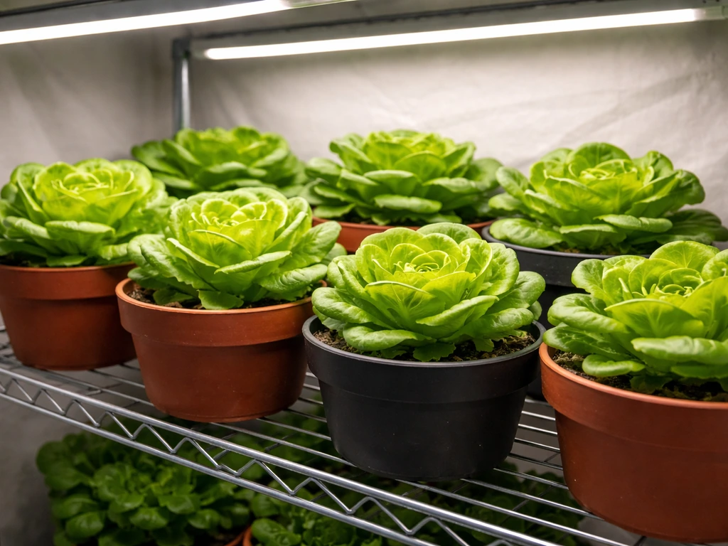 Compact bibb lettuce seedlings in small pots under grow lights in a clean indoor grow setup.