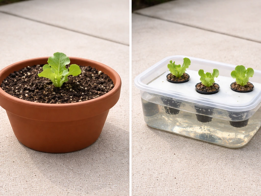 Side-by-side shallow pot of soil vs hydroponic tray for bibb lettuce seedlings.