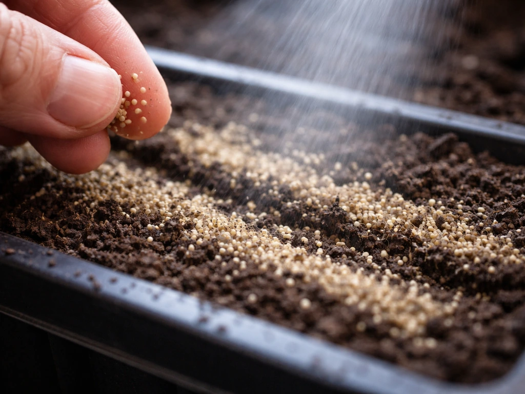 Macro close-up of bibb lettuce seeds lightly covered with fine vermiculite and gently watered.