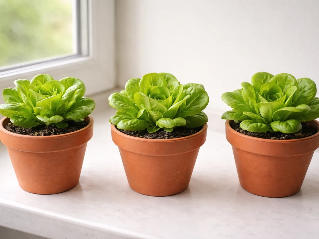 Two Bibb lettuce plants in separate pots with evenly spaced rosettes on a sunny indoor windowsill.