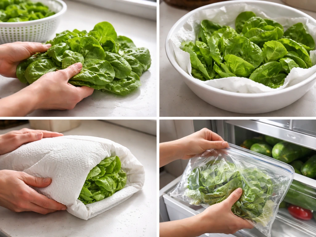 Fresh bibb lettuce leaves rinsed and spin-dried, wrapped in paper towels, sealed for refrigerator storage.