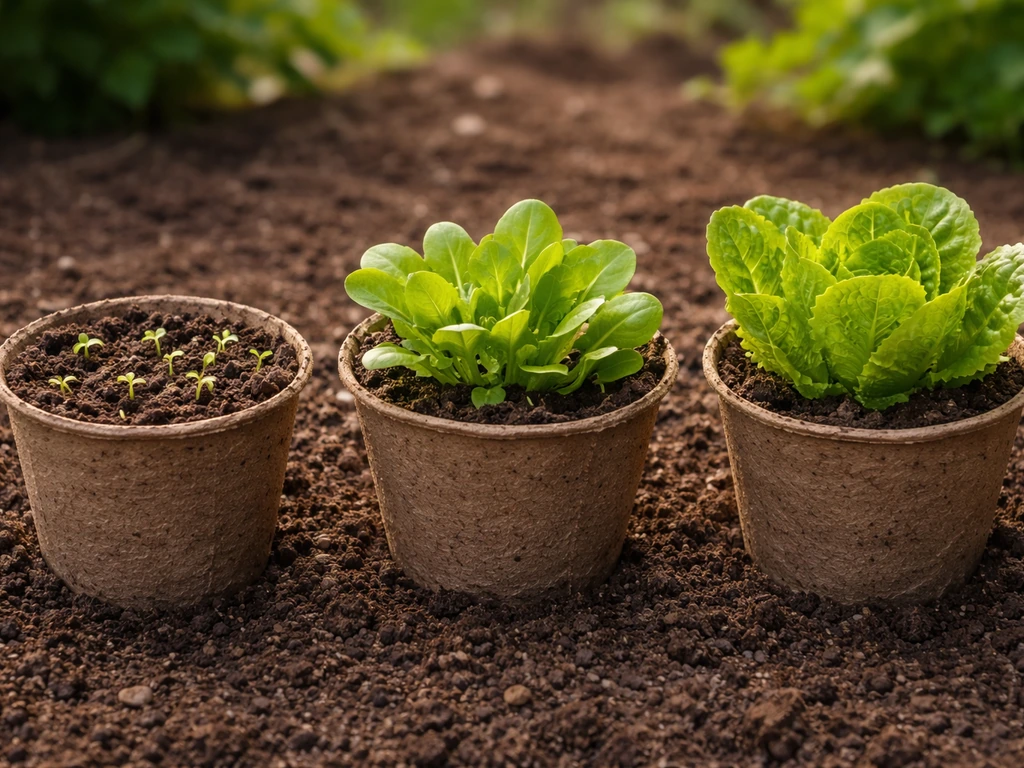 Side-by-side lettuce containers showing sprouts, seedlings, and compact forming Little Gem heads.
