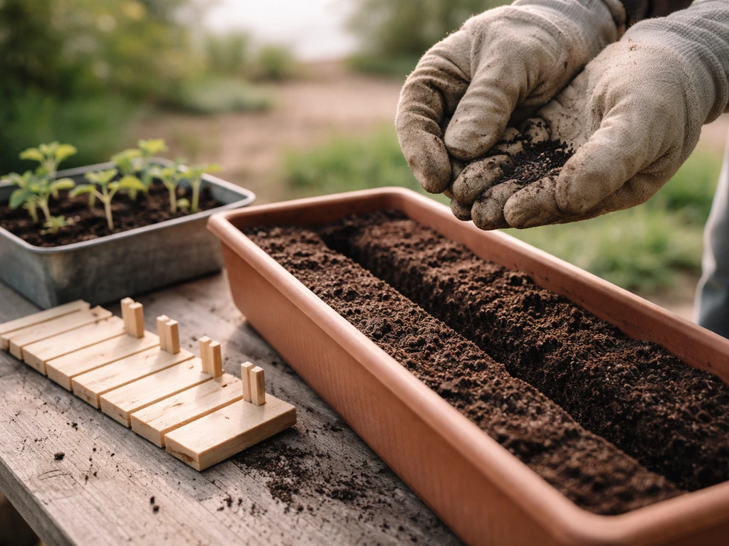 Gloved hands sow seeds in a soil planter with a few seedlings in nearby containers outdoors.