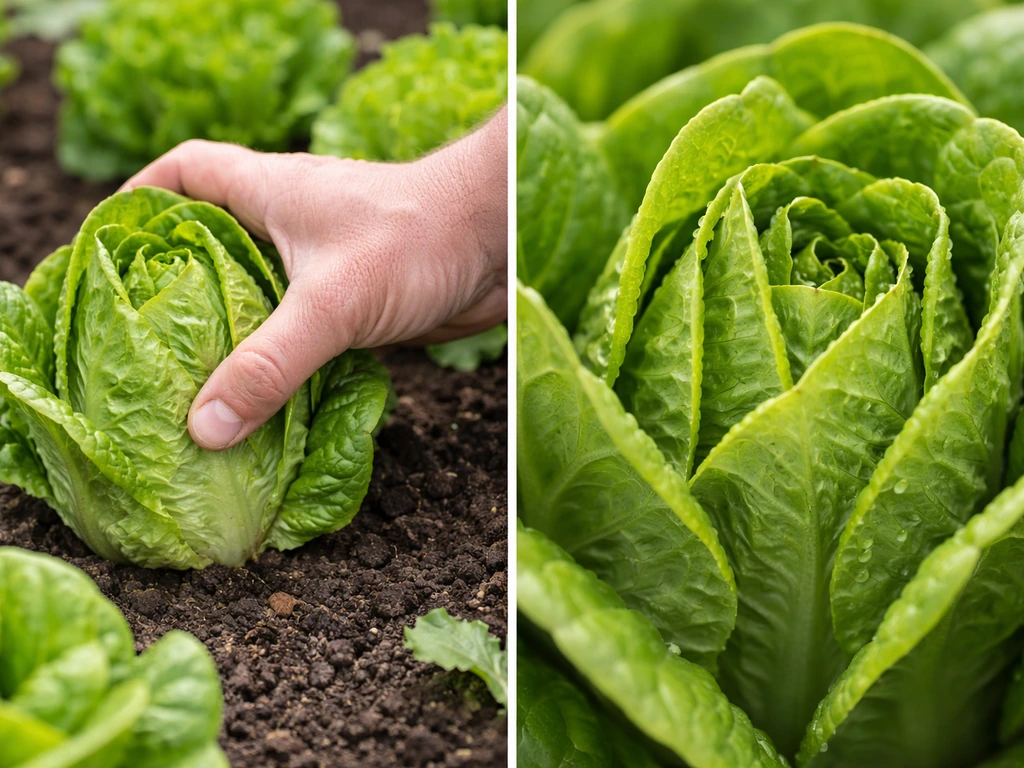 Gardener hand gently squeezing a compact, firm Little Gem lettuce head in a garden bed.