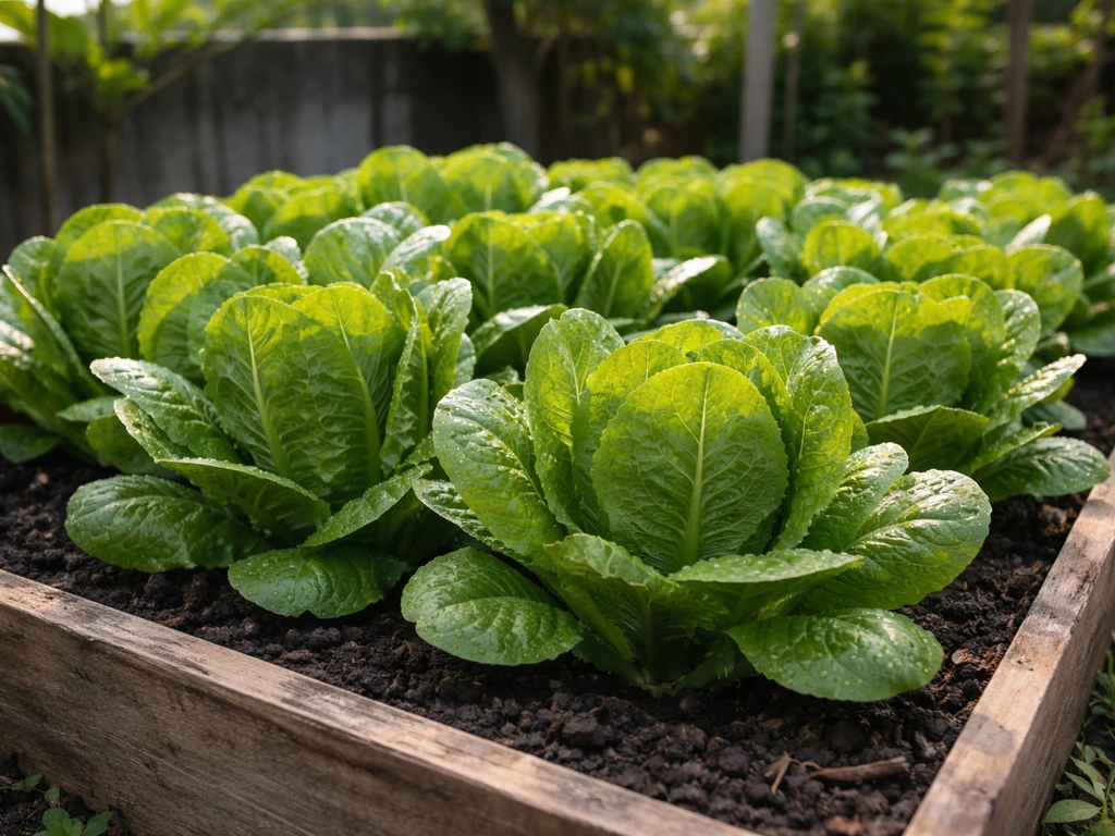 Lush romaine lettuce heads growing in a raised bed in a sunny Philippine backyard garden.