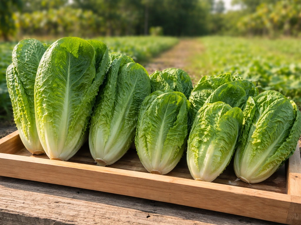 Fresh romaine lettuce heads of different sizes on a simple tray in warm daylight