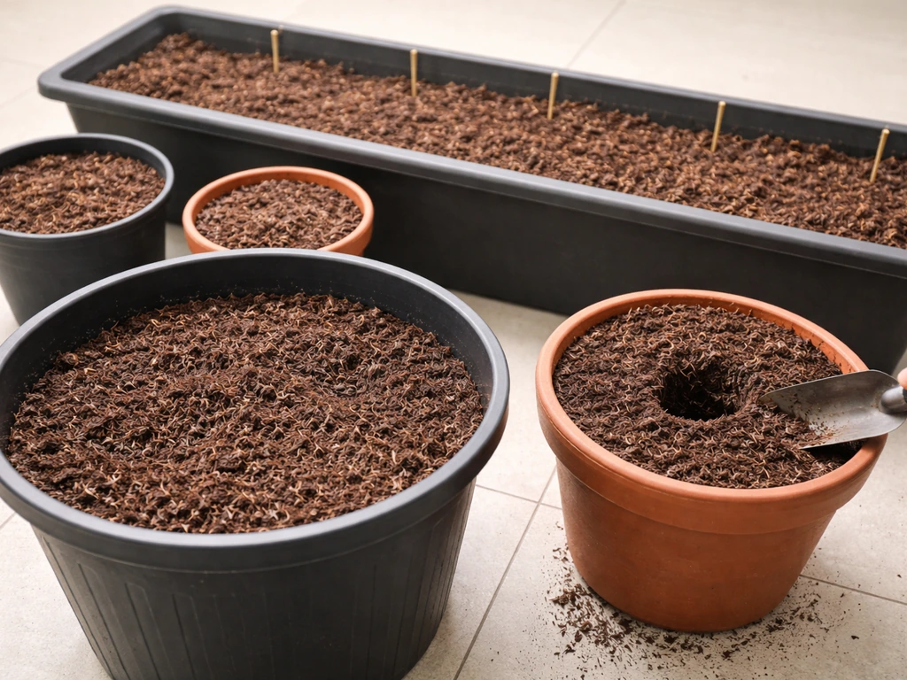 Close-up of correctly sized pots and a trough filled with coco-peat and rice hulls for indoor container growing.