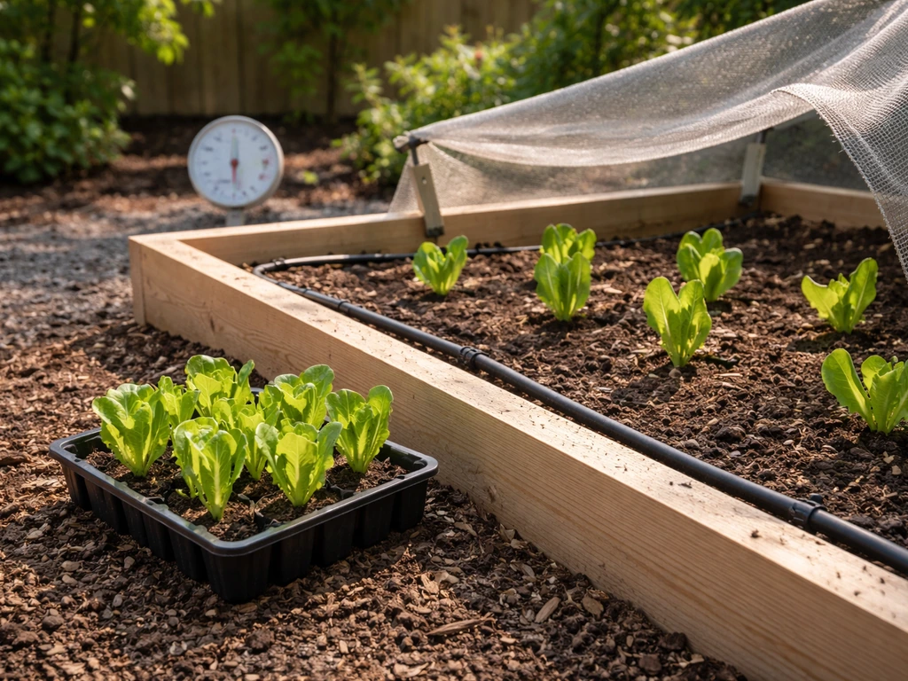 Raised bed with romaine seedlings, shade cloth, thermometer, and drip irrigation hose in natural sunlight.